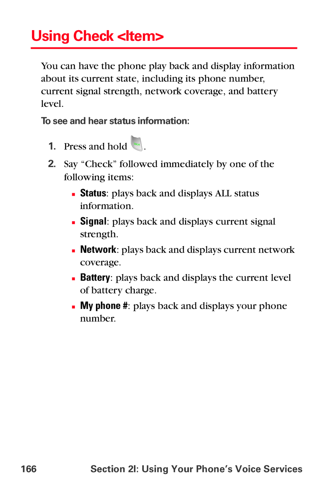 Sprint Nextel MM-A800 manual Using Check Item, To see and hear status information, 166 