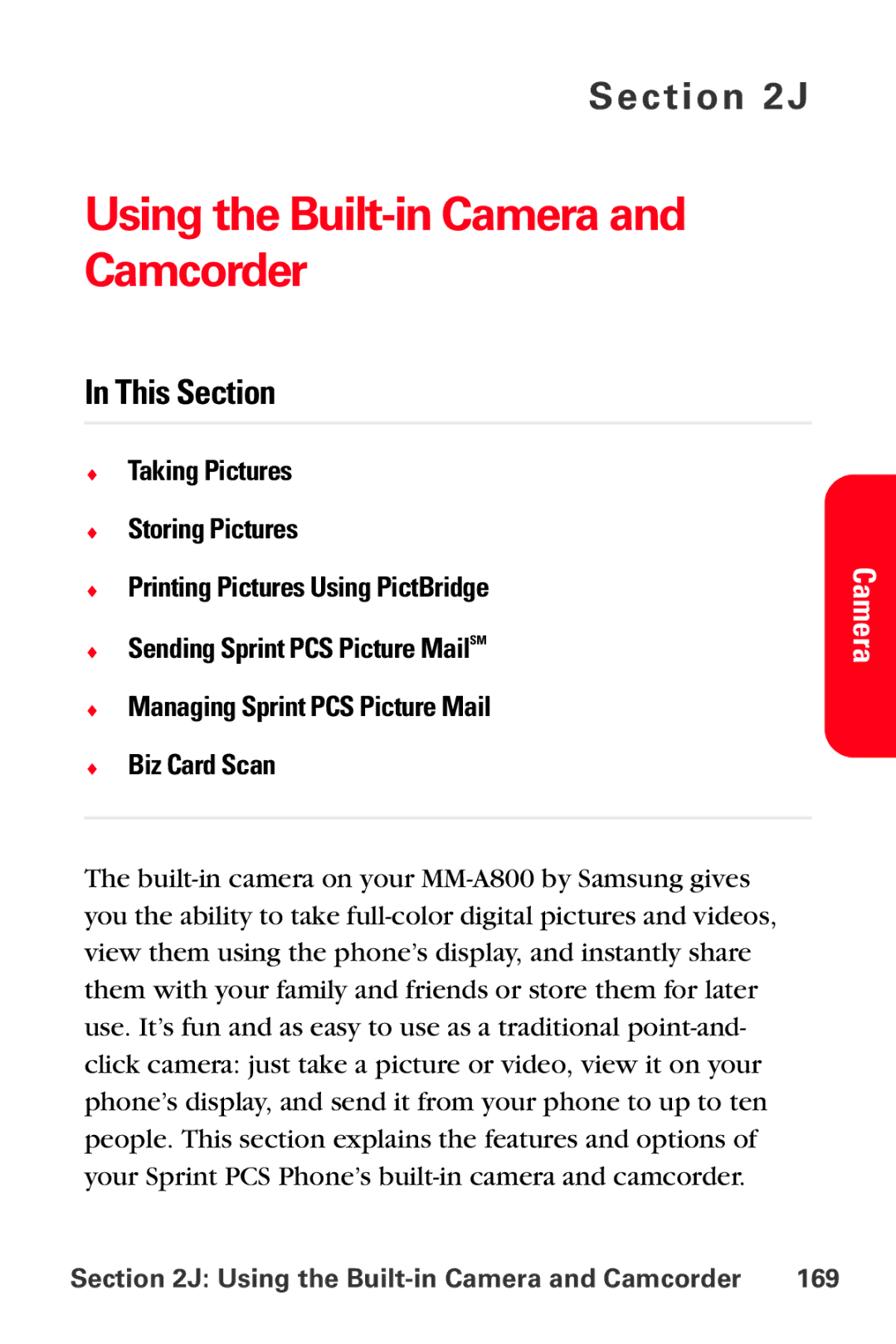 Sprint Nextel MM-A800 manual Using the Built-in Camera and Camcorder 169 