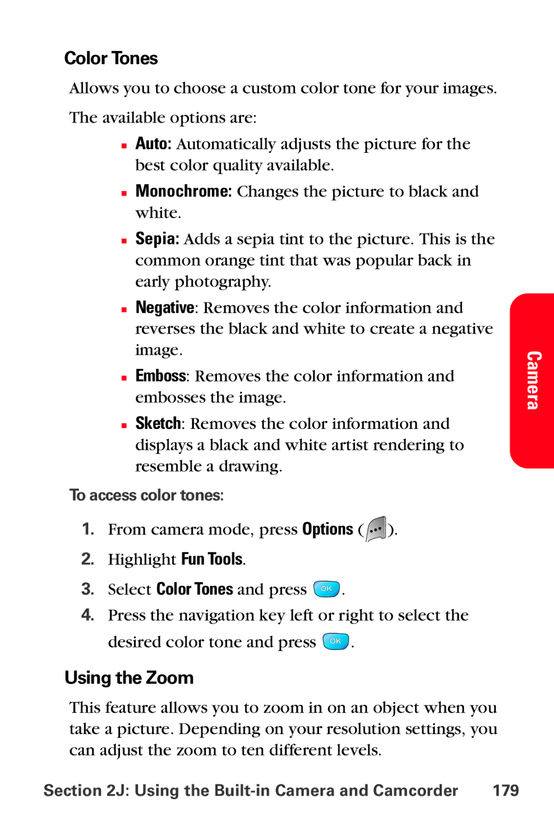 Sprint Nextel MM-A800 Color Tones, Using the Zoom, To access color tones, Using the Built-in Camera and Camcorder 179 