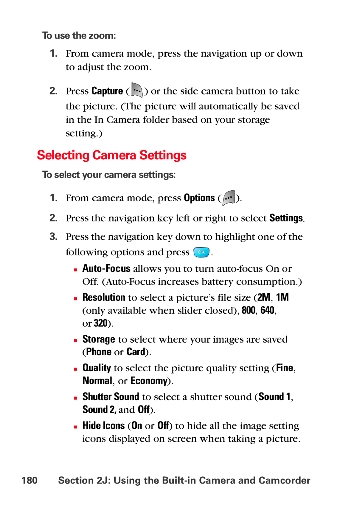 Sprint Nextel MM-A800 manual Selecting Camera Settings, Normal, or Economy, Sound 2, and Off, To use the zoom 