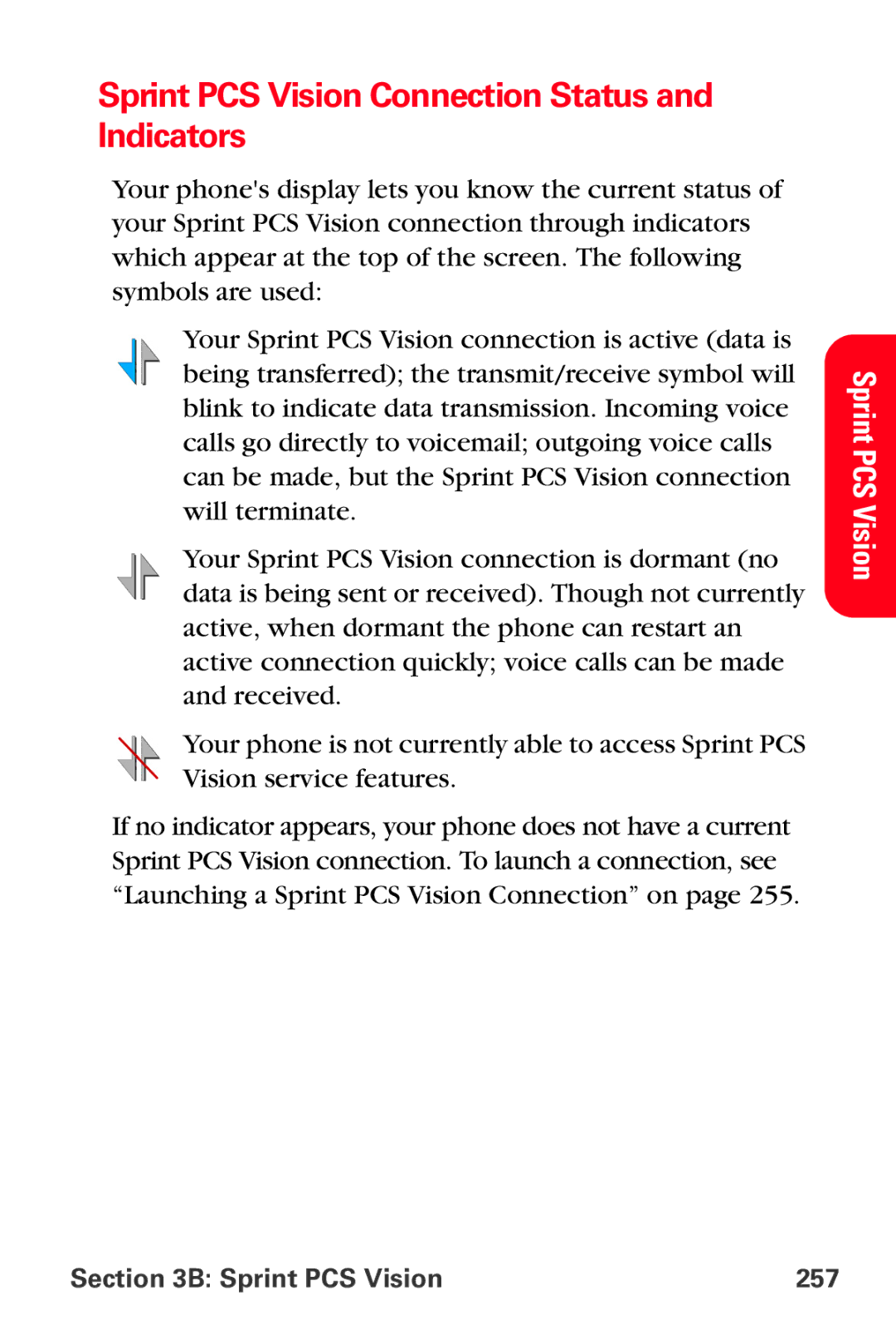 Sprint Nextel MM-A800 manual Sprint PCS Vision Connection Status and Indicators, Sprint PCS Vision 257 