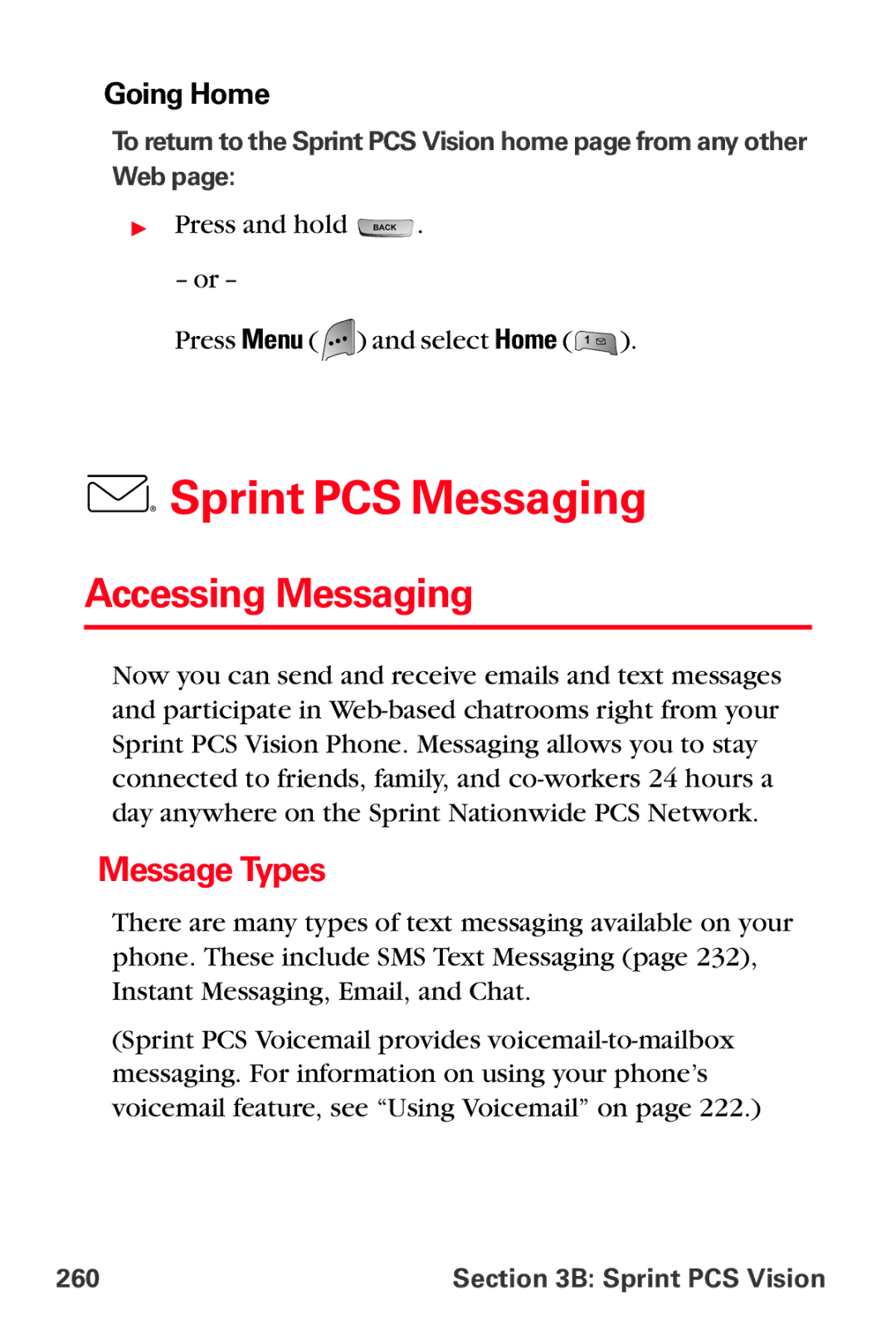 Sprint Nextel MM-A800 manual Sprint PCS Messaging, Accessing Messaging, Message Types, Going Home, Sprint PCS Vision 