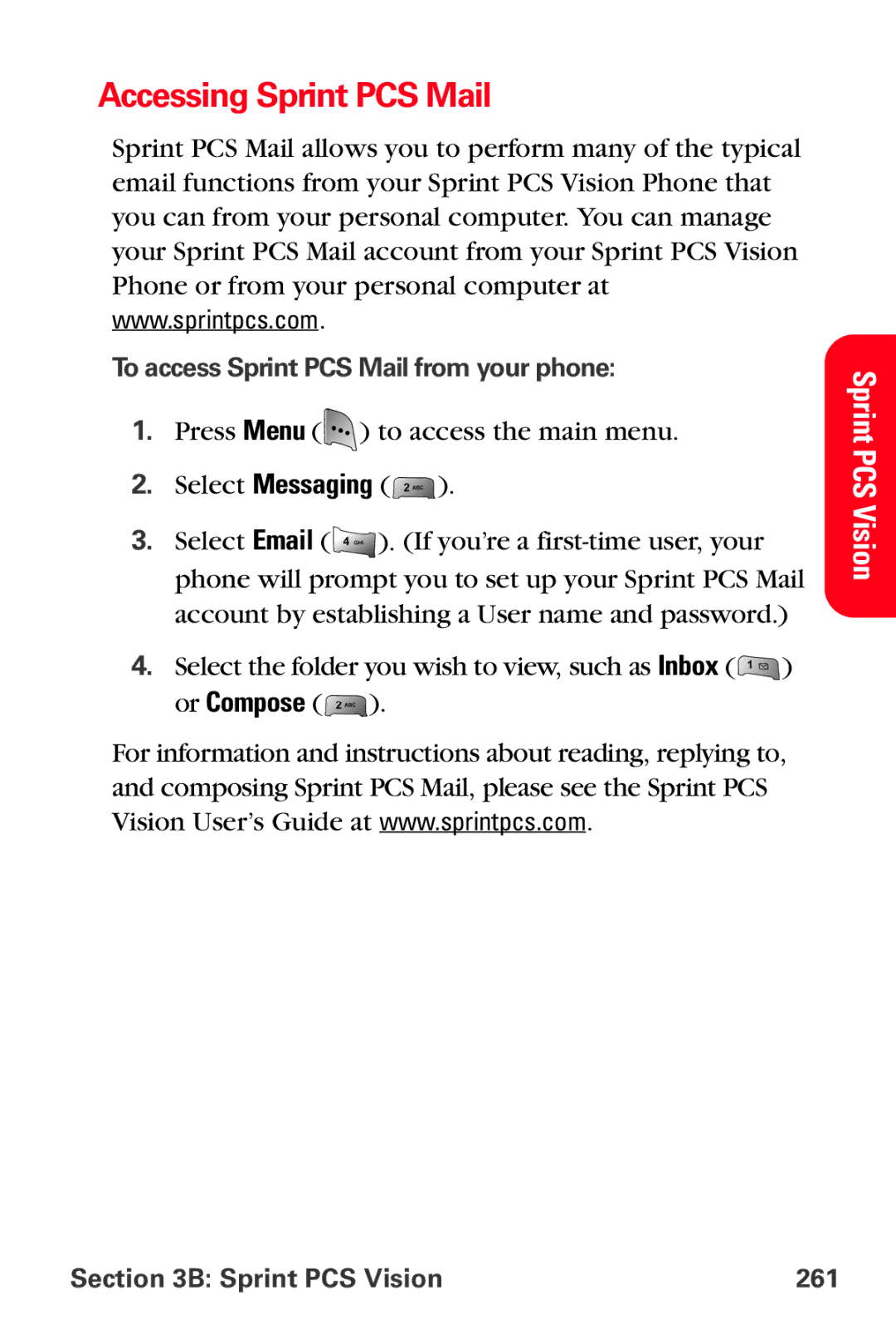 Sprint Nextel MM-A800 manual Accessing Sprint PCS Mail, To access Sprint PCS Mail from your phone, Sprint PCS Vision 261 