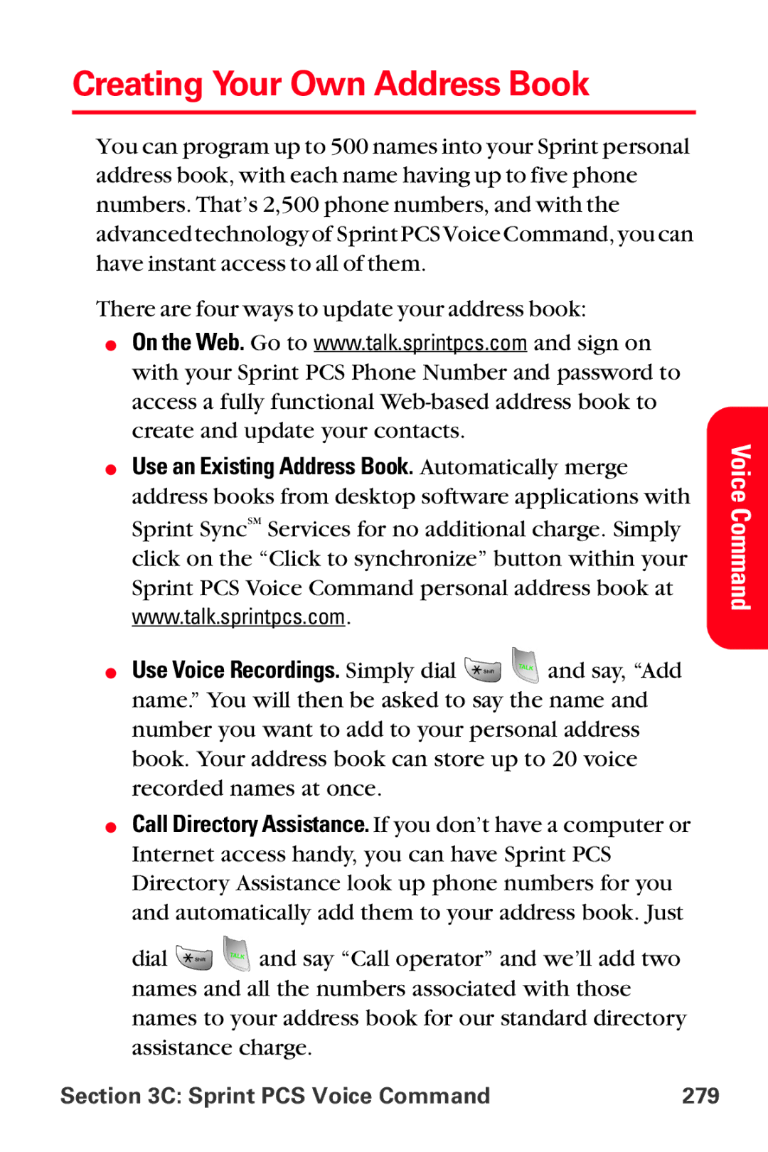 Sprint Nextel MM-A800 manual Creating Your Own Address Book, Sprint PCS Voice Command 279 