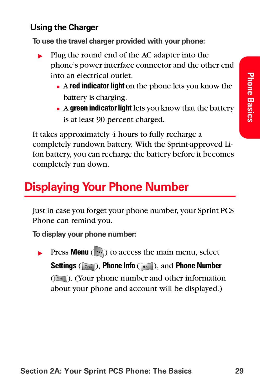 Sprint Nextel MM-A800 manual Displaying Your Phone Number, Using the Charger, Settings , Phone Info , and Phone Number 