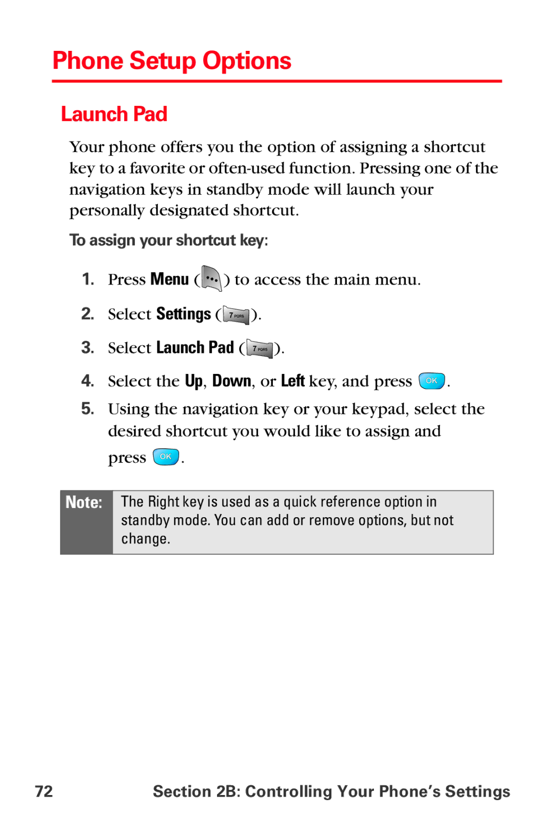 Sprint Nextel MM-A800 manual Phone Setup Options, Launch Pad, To assign your shortcut key 