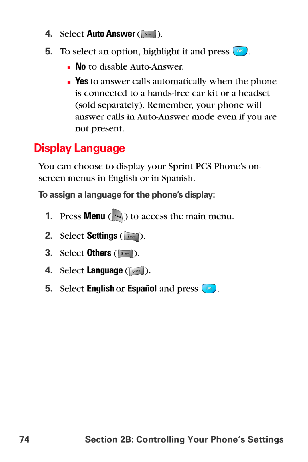 Sprint Nextel MM-A800 manual Display Language, Select Auto Answer, To assign a language for the phone’s display 