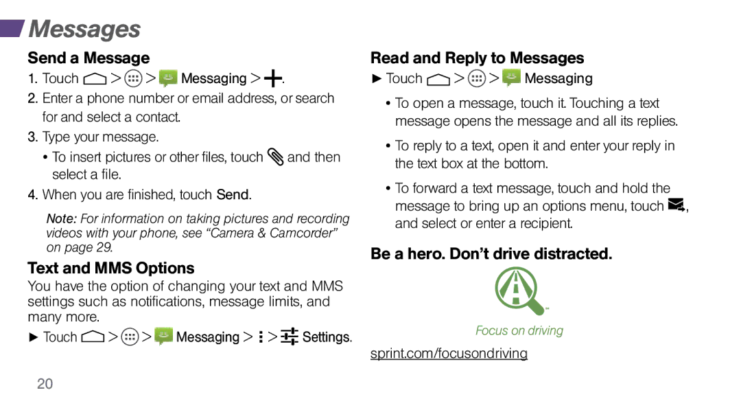 Sprint Nextel MOTO X manual Send a Message, Text and MMS Options, Read and Reply to Messages 