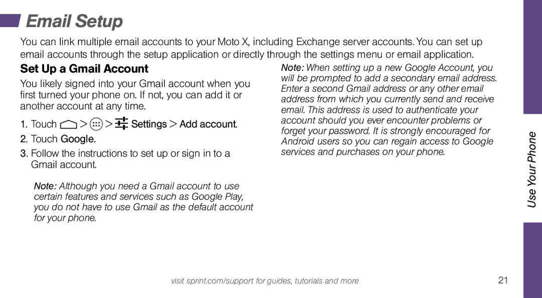 Sprint Nextel MOTO X manual Email Setup, Set Up a Gmail Account 