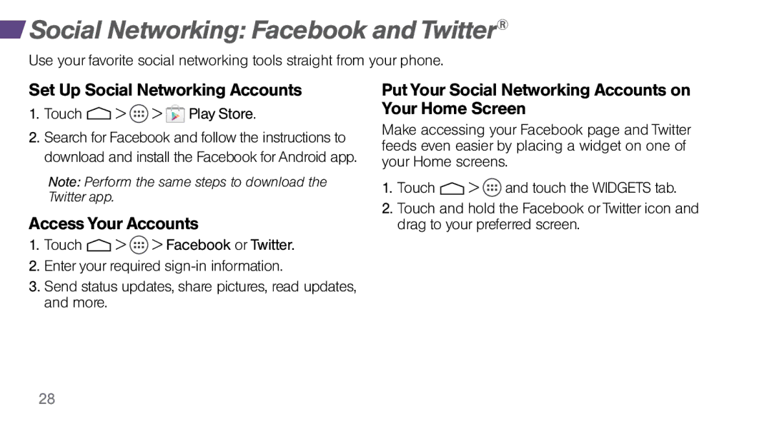 Sprint Nextel MOTO X manual Social Networking Facebook and Twitter, Set Up Social Networking Accounts, Your Home Screen 