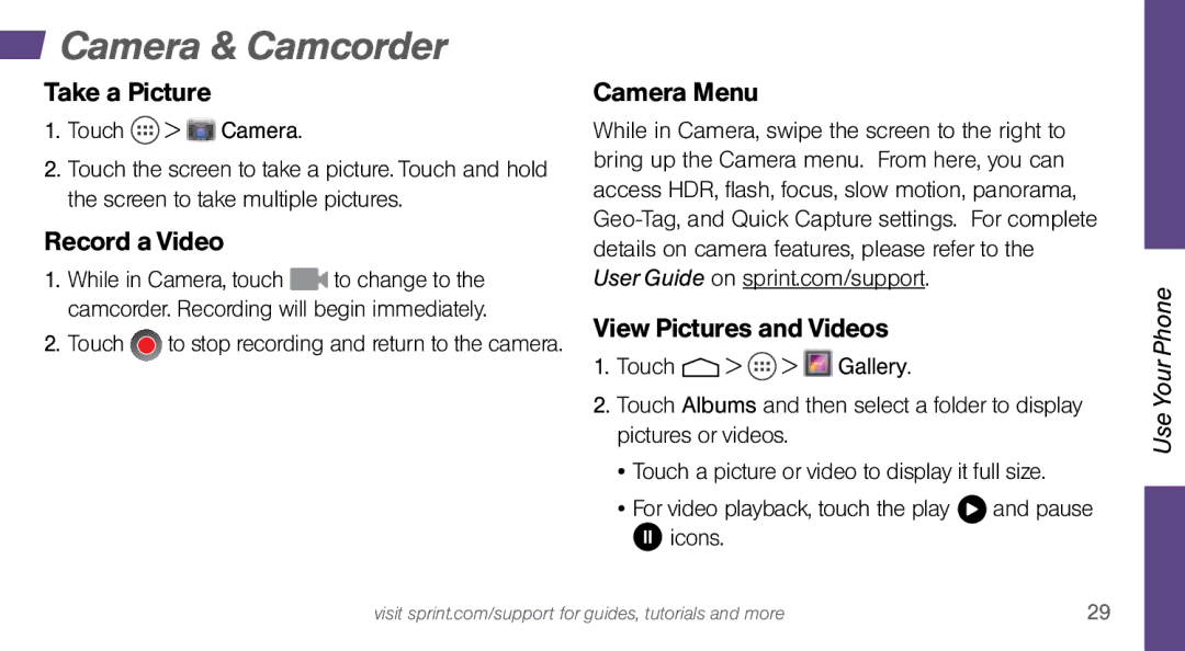 Sprint Nextel MOTO X manual Camera & Camcorder, Take a Picture Camera Menu, Record a Video, View Pictures and Videos 