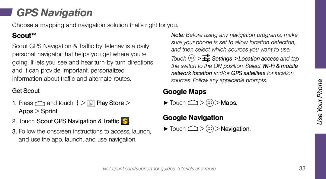 Sprint Nextel MOTO X manual GPS Navigation, Scout, Google Maps, Google Navigation 