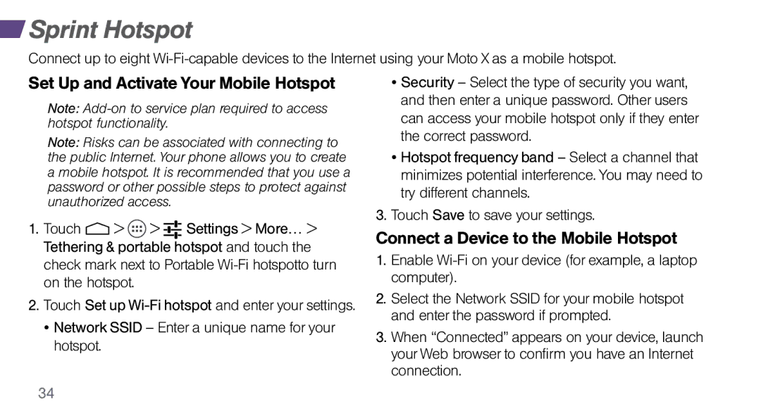 Sprint Nextel MOTO X manual Sprint Hotspot, Set Up and Activate Your Mobile Hotspot, Connect a Device to the Mobile Hotspot 