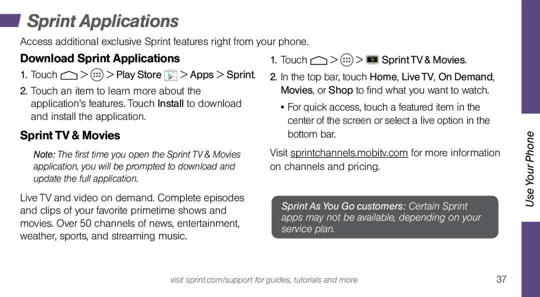 Sprint Nextel MOTO X manual Download Sprint Applications, Touch Sprint TV & Movies 