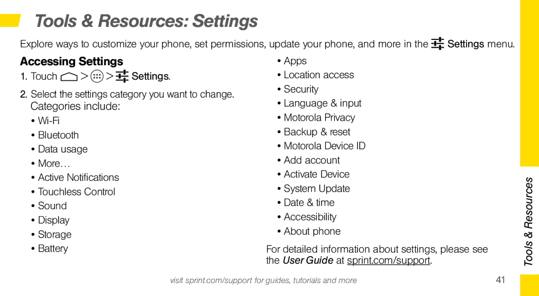 Sprint Nextel MOTO X manual Tools & Resources Settings, Accessing Settings 