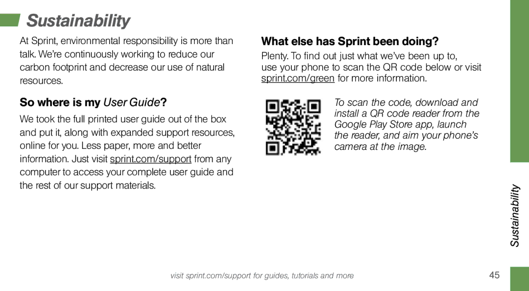 Sprint Nextel MOTO X manual Sustainability, So where is my User Guide? What else has Sprint been doing? 