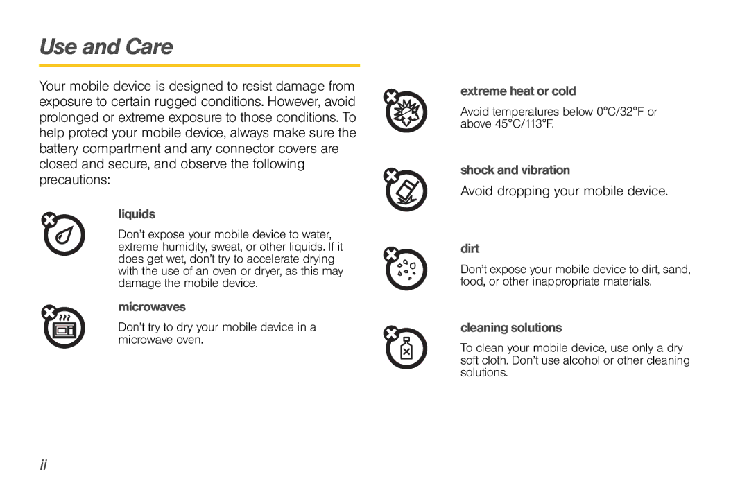 Sprint Nextel NNTN7985A_040810 manual Use and Care, Avoid dropping your mobile device 