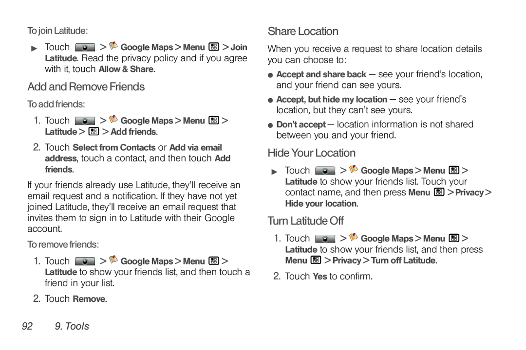 Sprint Nextel NNTN7985A_040810 manual AddandRemoveFriends, ShareLocation, HideYour Location, Turn LatitudeOff, 92 9. Tools 