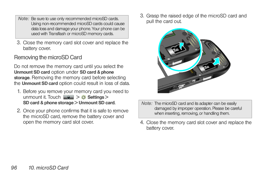 Sprint Nextel NNTN7985A_040810 manual Removingthe microSD Card, Before you remove your memory card you need to 