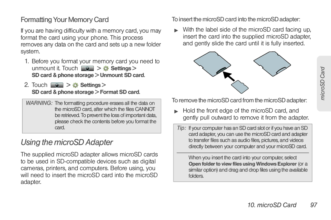 Sprint Nextel NNTN7985A_040810 manual Using the microSD Adapter, FormattingYourMemoryCard 