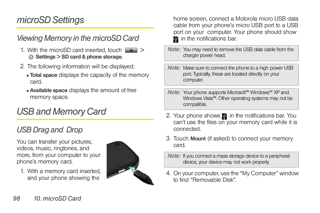 Sprint Nextel NNTN7985A_040810 manual MicroSD Settings, USB and Memory Card, Viewing Memory in the microSD Card 