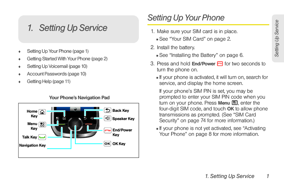 Sprint Nextel NNTN7985A_040810 manual Setting Up Service, Setting Up Your Phone 