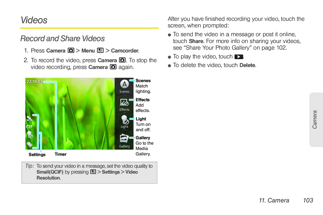 Sprint Nextel NNTN7985A_040810 manual Record and Share Videos, Camera 103 