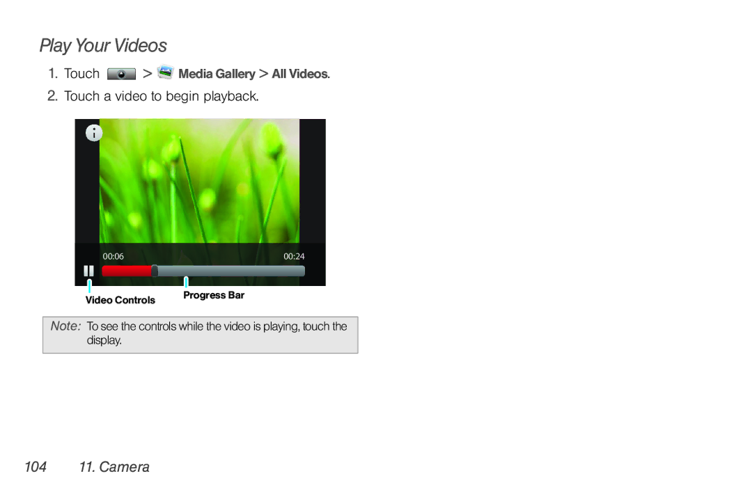Sprint Nextel NNTN7985A_040810 manual Play Your Videos, Touch a video to begin playback, 104 11. Camera 