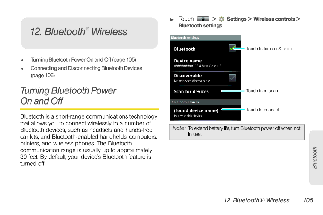 Sprint Nextel NNTN7985A_040810 manual Turning Bluetooth Power On and Off, Bluetooth Wireless 105 