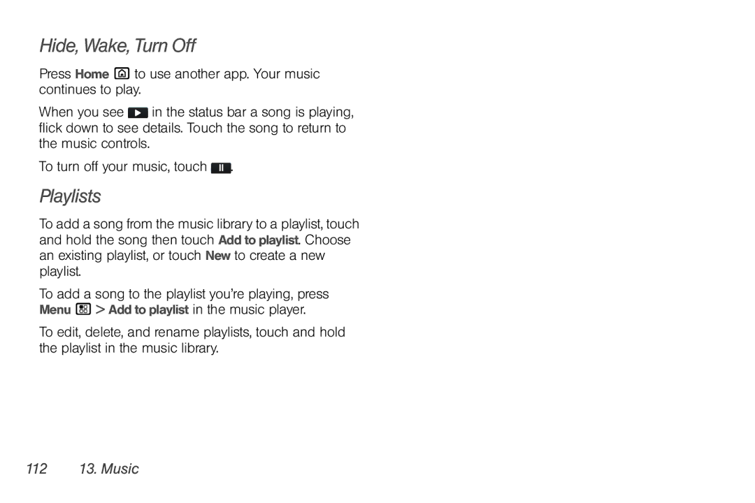 Sprint Nextel NNTN7985A_040810 manual Hide, Wake, Turn Off, Playlists, 112 13. Music 