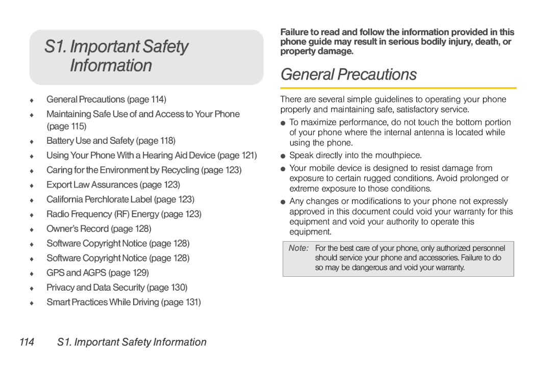 Sprint Nextel NNTN7985A_040810 manual General Precautions, 114 S1. Important Safety Information 