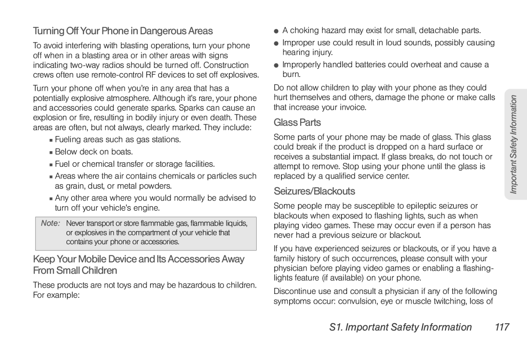 Sprint Nextel NNTN7985A_040810 manual Turning OffYour Phonein Dangerous Areas, GlassParts, Seizures/Blackouts 