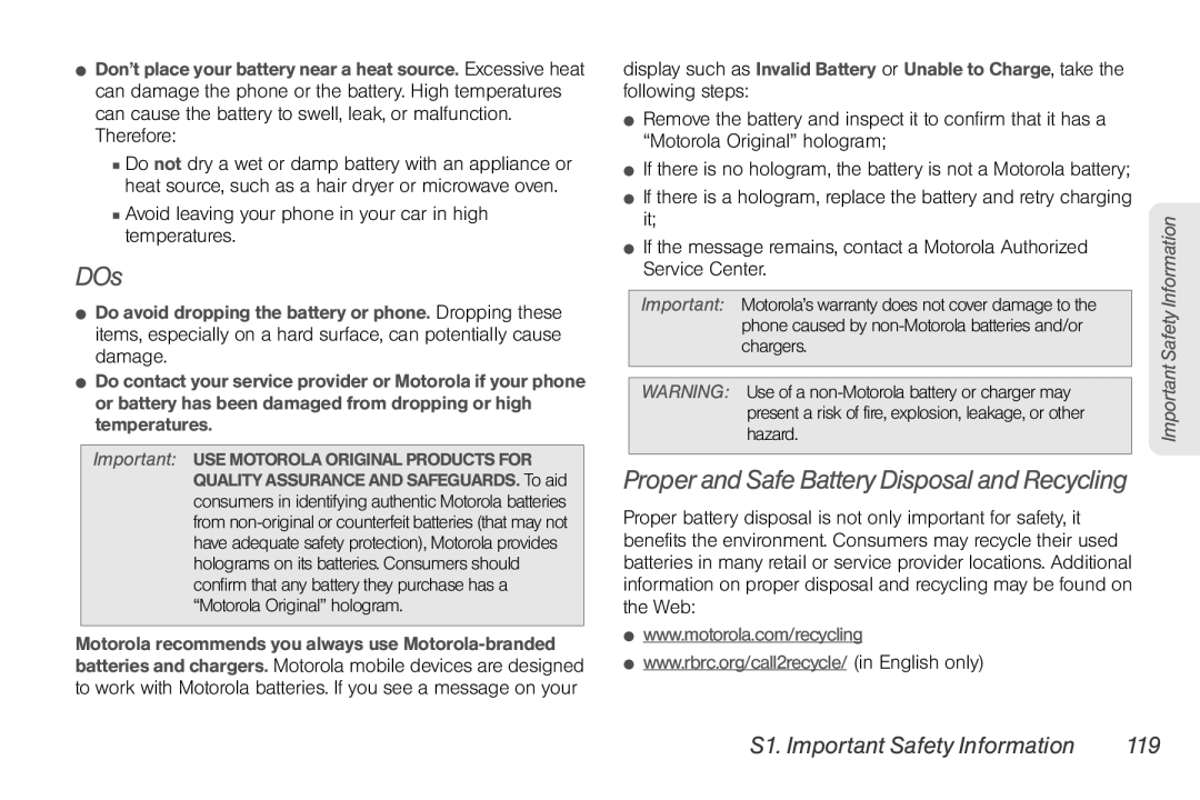 Sprint Nextel NNTN7985A_040810 manual DOs, S1. Important Safety Information 119 