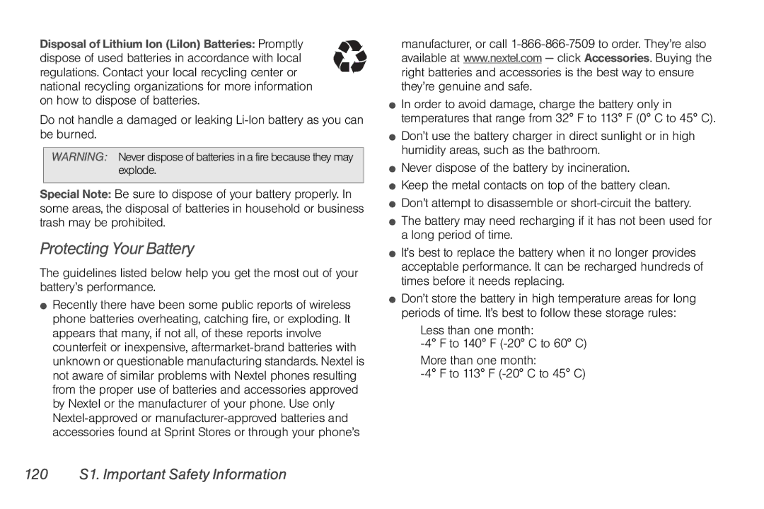 Sprint Nextel NNTN7985A_040810 manual Protecting Your Battery, 120 S1. Important Safety Information 