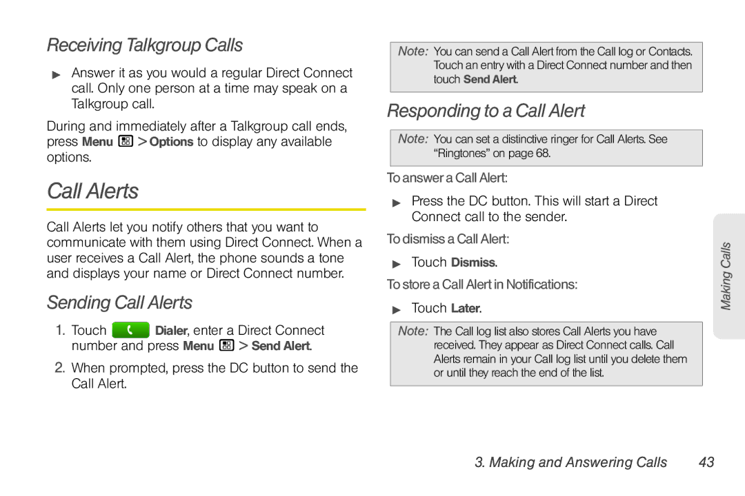 Sprint Nextel NNTN7985A_040810 manual Receiving Talkgroup Calls, Sending Call Alerts, Responding to a Call Alert 