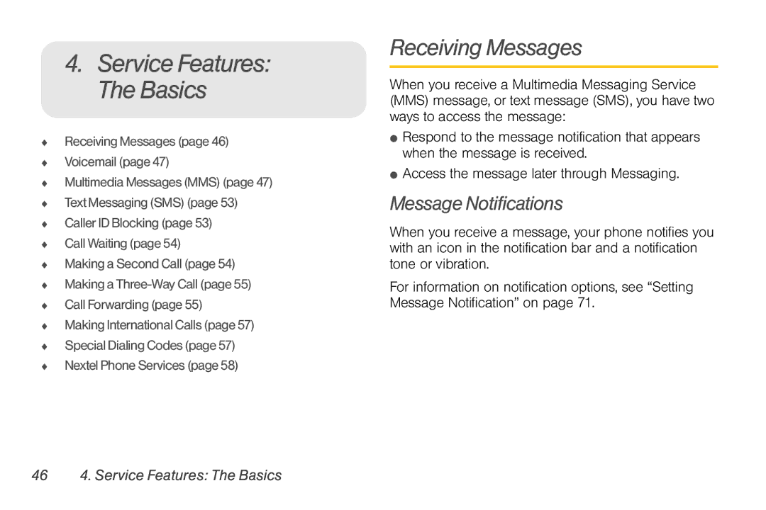 Sprint Nextel NNTN7985A_040810 manual Service Features The Basics, Receiving Messages, Message Notifications 