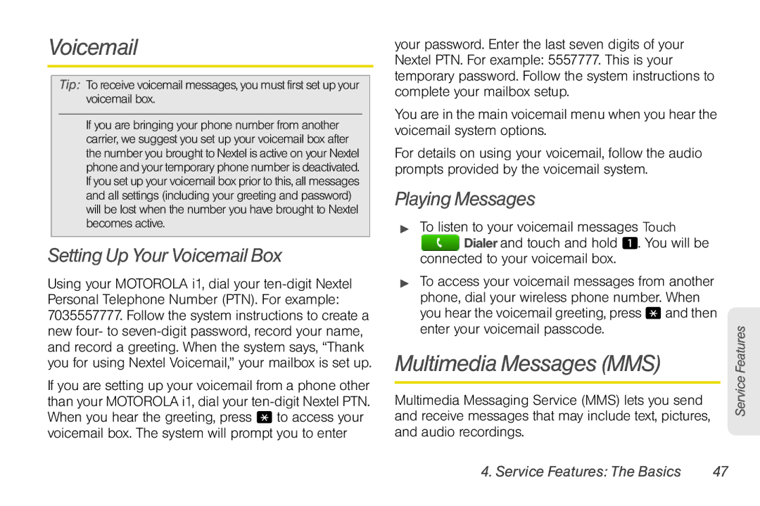 Sprint Nextel NNTN7985A_040810 manual Multimedia Messages MMS, Setting Up Your Voicemail Box, Playing Messages 