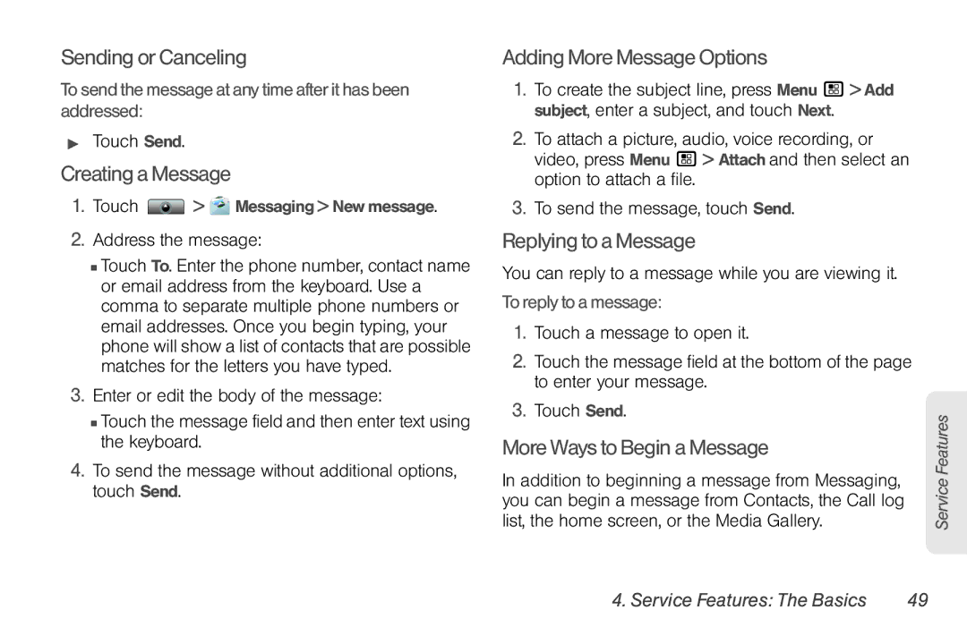 Sprint Nextel NNTN7985A_040810 manual SendingorCanceling, Creating aMessage, AddingMoreMessageOptions, Replyingto aMessage 