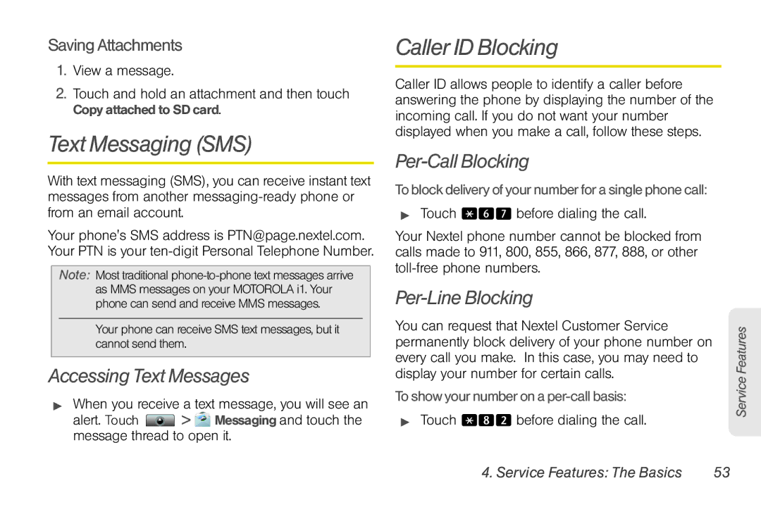 Sprint Nextel NNTN7985A_040810 manual Text Messaging SMS, Caller ID Blocking, Accessing Text Messages, Per-Call Blocking 