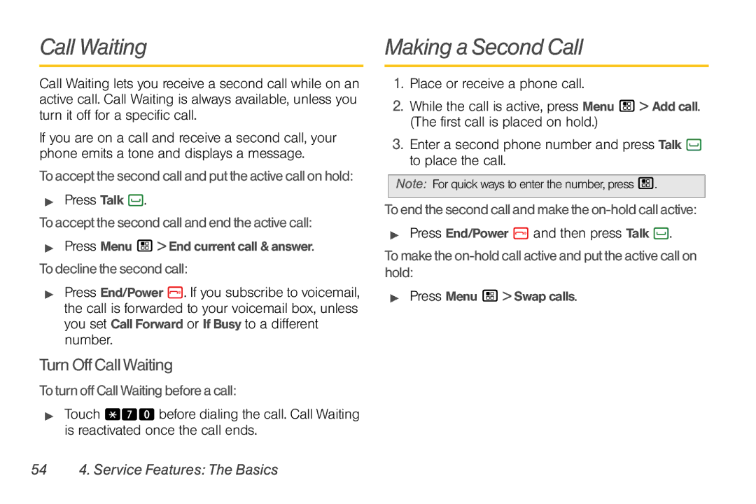 Sprint Nextel NNTN7985A_040810 Call Waiting, Making a Second Call, TurnOffCallWaiting, 54 4. Service Features The Basics 