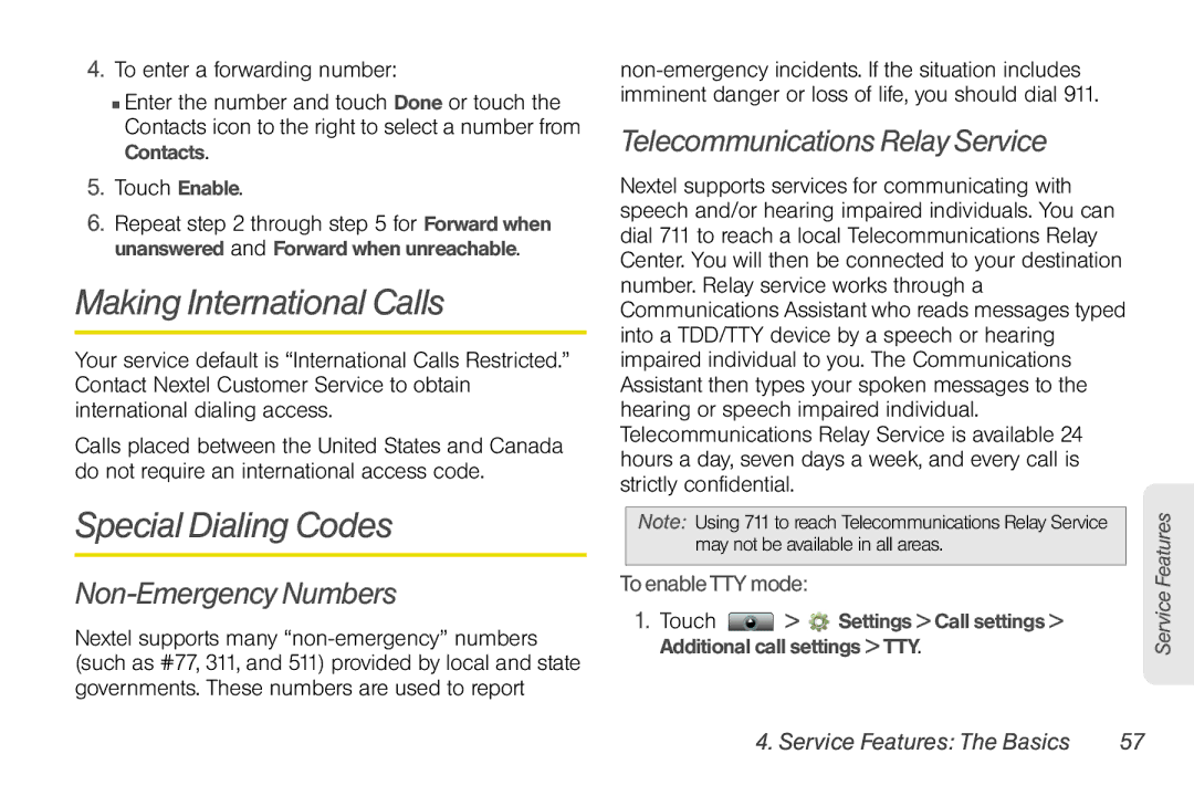 Sprint Nextel NNTN7985A_040810 Making International Calls, Special Dialing Codes, Non-Emergency Numbers, ToenableTTYmode 