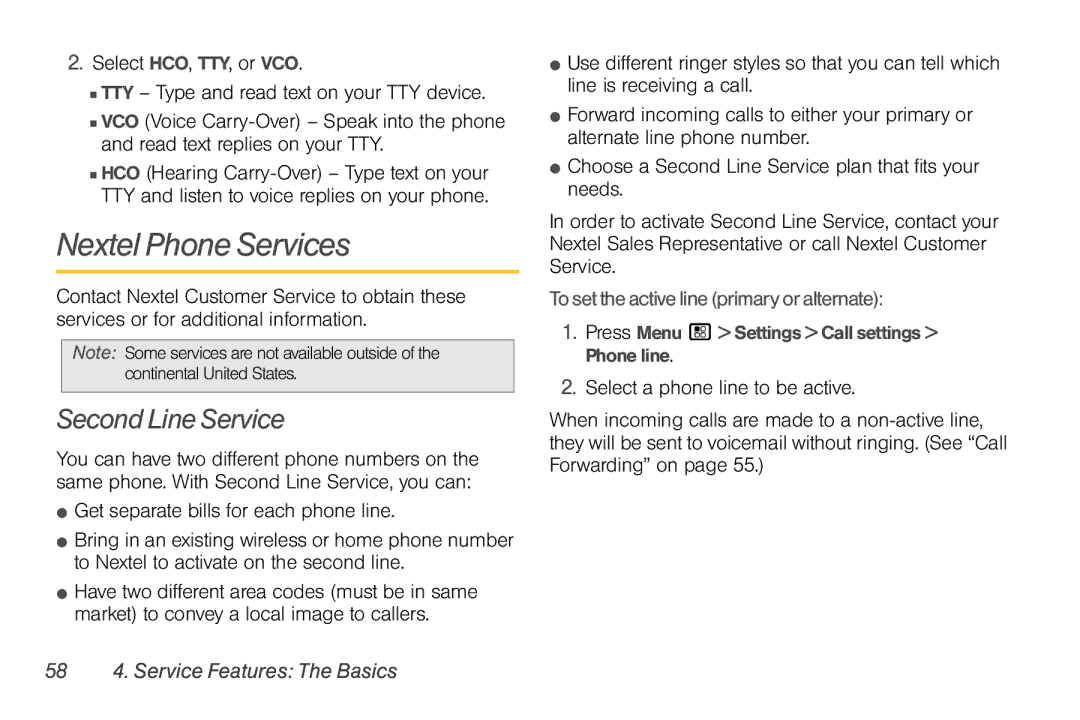 Sprint Nextel NNTN7985A_040810 manual Nextel Phone Services, Second Line Service, To settheactivelineprimaryoralternate 
