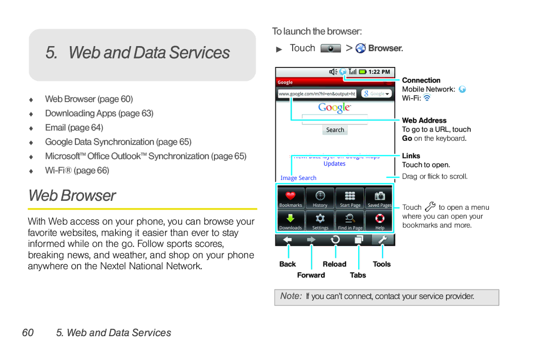 Sprint Nextel NNTN7985A_040810 manual Web Browser, To launchthebrowser, 60 5. Web and Data Services 