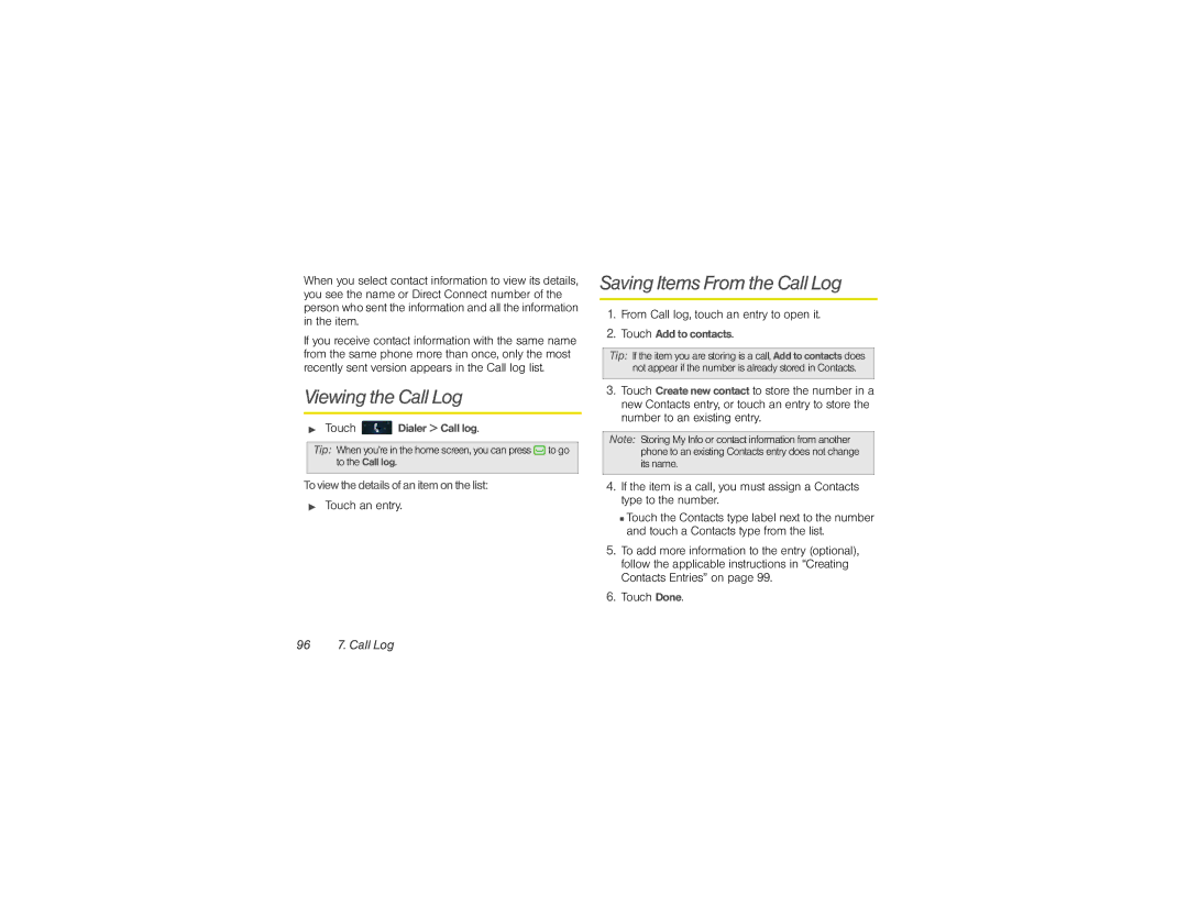 Sprint Nextel NNTN9124A Viewing the Call Log, Saving Items From the Call Log, To view the details of an item on the list 