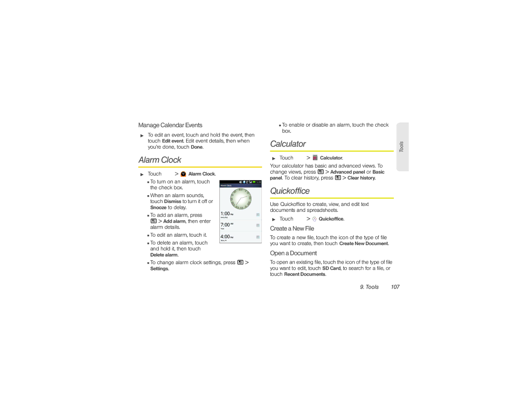 Sprint Nextel NNTN9124A manual Alarm Clock, Calculator, Quickoffice 