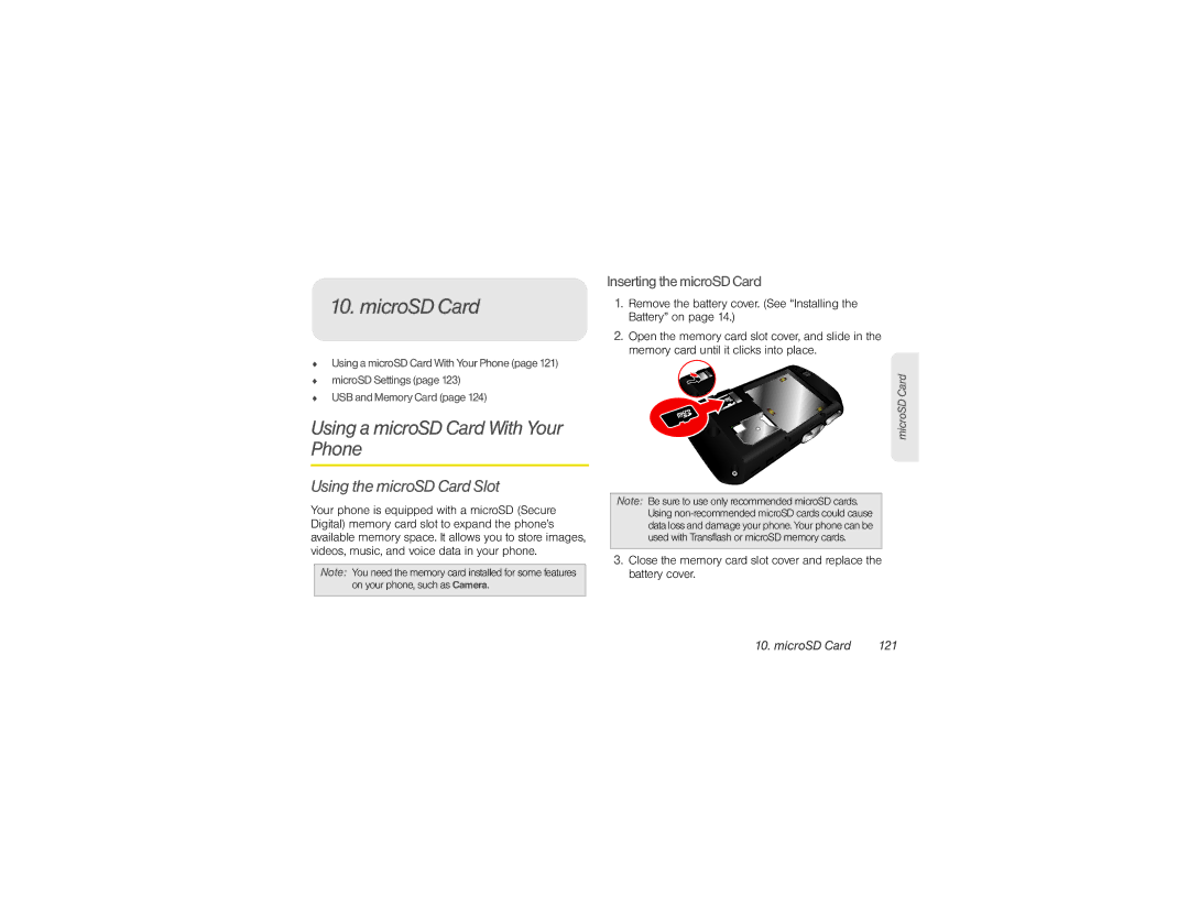 Sprint Nextel NNTN9124A manual Using a microSD Card With Your Phone, Using the microSD Card Slot, MicroSD Card 121 