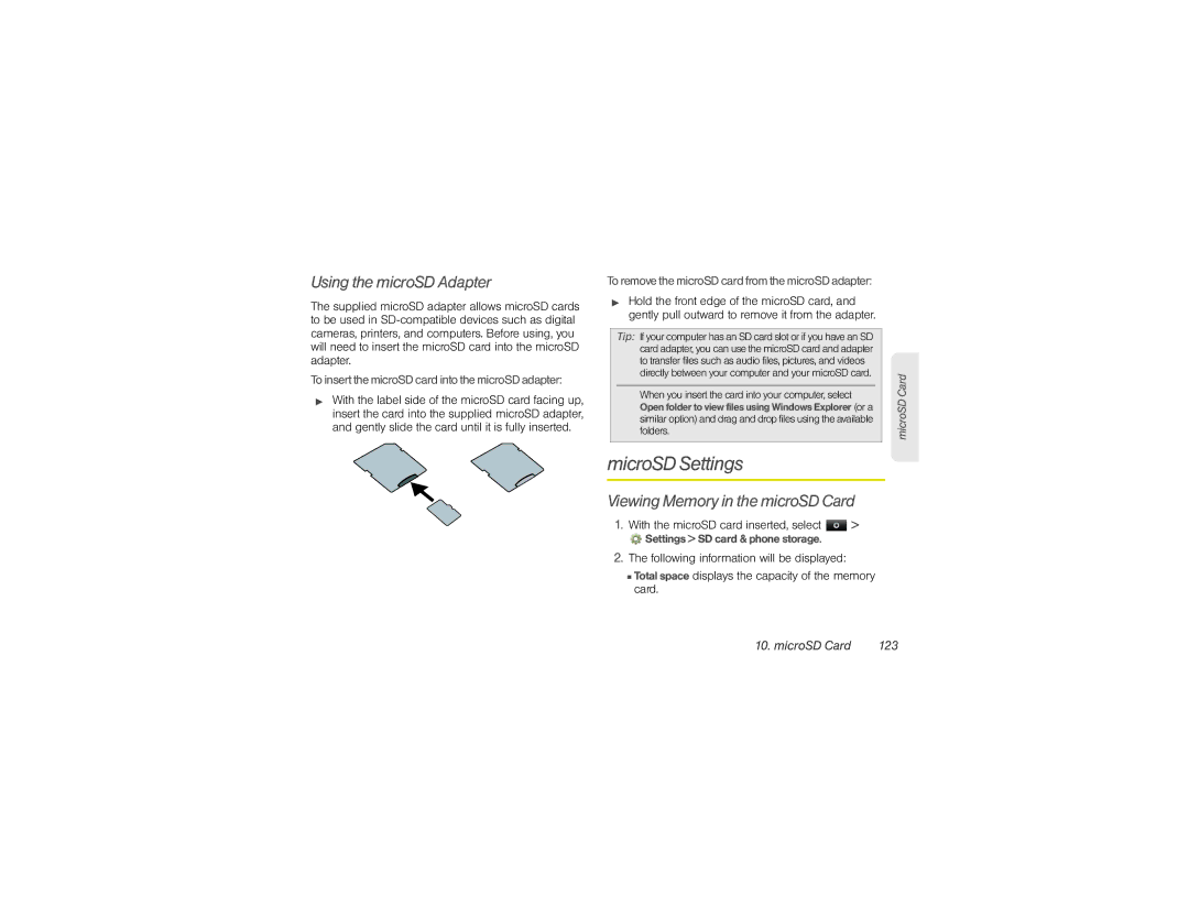 Sprint Nextel NNTN9124A MicroSD Settings, Using the microSD Adapter, Viewing Memory in the microSD Card, MicroSD Card 123 