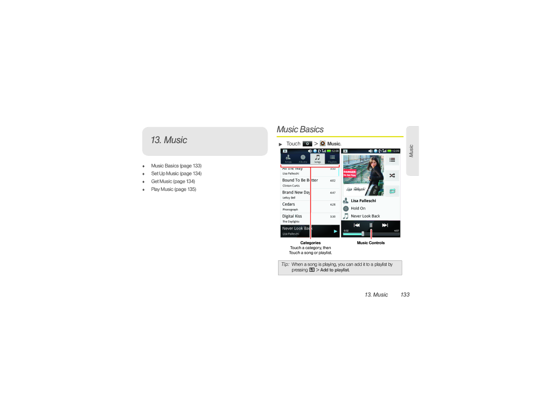 Sprint Nextel NNTN9124A manual Music 133, Music Basics Set Up Music Get Music Play Music, Touch Music 