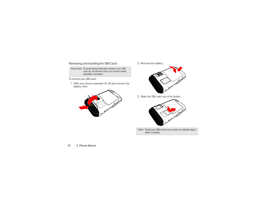 Sprint Nextel NNTN9124A manual Removing and Inserting theSIM Card, To remove your SIM card, 10 2. Phone Basics 