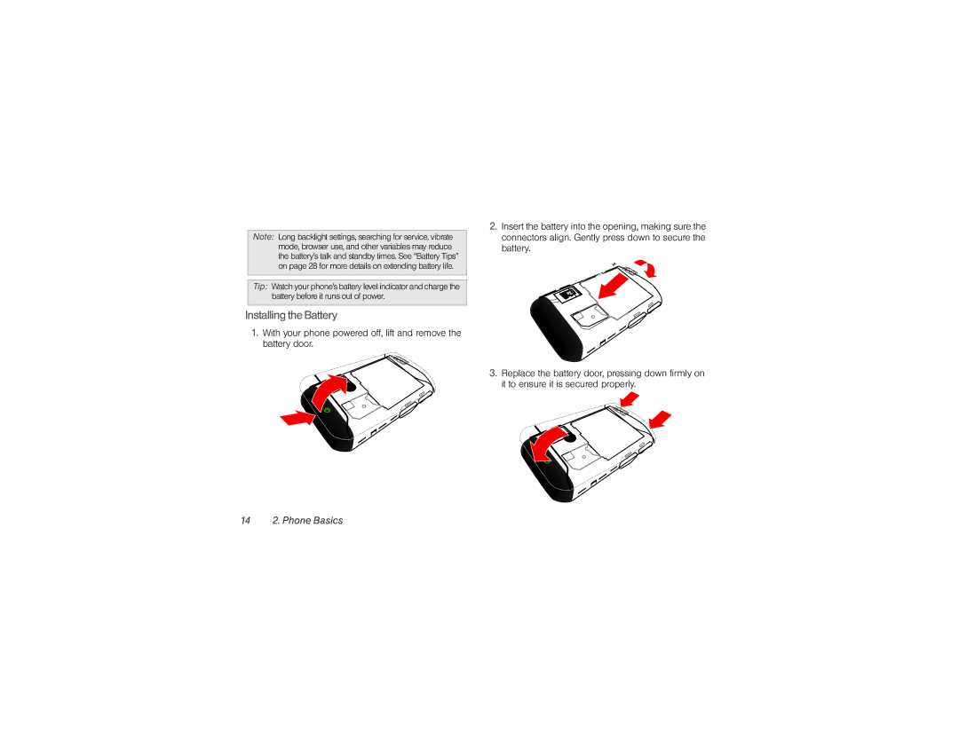 Sprint Nextel NNTN9124A manual Installing the Battery, 14 2. Phone Basics 